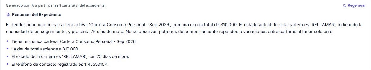 Resumen de expediente generado automáticamente por IA a partir del historial completo del deudor